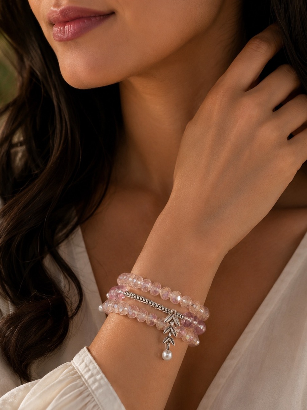 Women's Pink Glass beads and Silver tone Charm Bracelet Stack (set of 3)